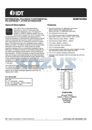 8741004AG datasheet - DIFFERENTIAL-TO-LVDS/0.7V DIFFERENTIAL PCI EXPRESS JITTER ATTENUATOR