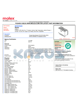 87427-0243 datasheet - 4.20mm (.165) Mini-Fit Jr. Header, Vertical, High Temperature, without Flange, 2 Circuits, Tin (Sn) over Copper (Cu) Plating, Glow Wire Compatible