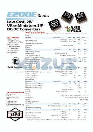 E201E datasheet - Low Cost, 2W Ultra-Miniature SIP DC/DC Converters