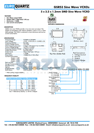 5GSR53G-B-80M-25.000 datasheet - 5 x 3.2 x 1.2mm SMD Sine Wave VCXO