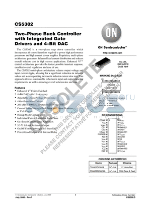 CS5302GDWR28 datasheet - Two−Phase Buck Controller with Integrated Gate Drivers and 4−Bit DAC