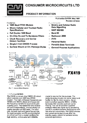 FX419J datasheet - 1200 BAUD FFSK MODEM