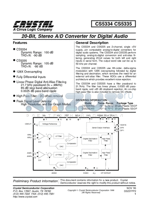 CS5334 datasheet - 20-Bit, Stereo A/D Converter for Digital Audio