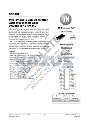 CS5332 datasheet - Two−Phase Buck Controller with Integrated Gate Drivers for VRM 9.0
