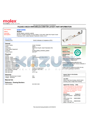 33012-2002 datasheet - MX150 Female Terminal, Tin (Sn) Plating, 18-20 AWG, Right Reel Payoff, SmallPolarization Rib, Contact Material Thickness 0.30mm (.012