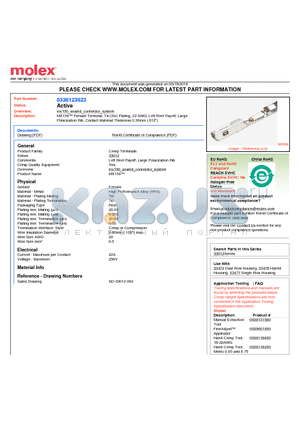 33012-3023 datasheet - MX150 Female Terminal, Tin (Sn) Plating, 22 AWG, Left Reel Payoff, LargePolarization Rib, Contact Material Thickness 0.30mm (.012