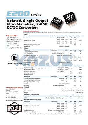E202 datasheet - Isolated, Single Output Ultra-Miniature, 2W SIP DC/DC Converters
