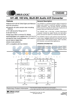 CS5340-CZZ datasheet - 101 dB, 192kHz, MULTI-BIT AUDIO A/D CONVERTER