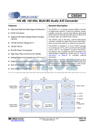 CS5341-CZZR datasheet - 105 dB, 192 kHz, Multi-Bit Audio A/D Converter