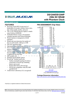 DS1244YP-70 datasheet - 256k NV SRAM with Phantom Clock