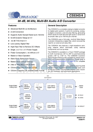 CS5343-DZZ datasheet - 98 dB, 96 kHz, Multi-Bit Audio A/D Converter