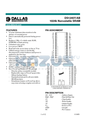 DS1245ABP-85-IND datasheet - 1024k Nonvolatile SRAM