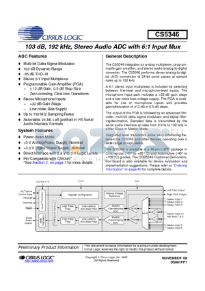 CS5346-CQZ datasheet - 103 dB, 192 kHz, Stereo Audio ADC with 6:1 Input Mux