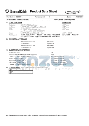 E2023S datasheet - 3C 20 7/28 BC SR-PVC OAS PVC Sound, Alarm & Security Cable