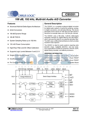 CS5351-DZZ datasheet - 108 dB, 192 kHz, Multi-bit Audio A/D Converter