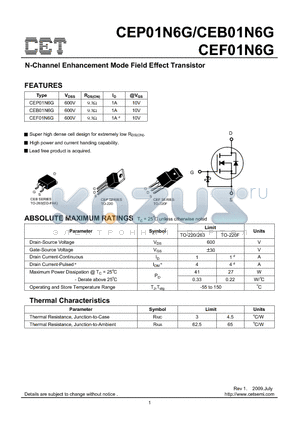 CEB01N6G datasheet - N-Channel Enhancement Mode Field Effect Transistor