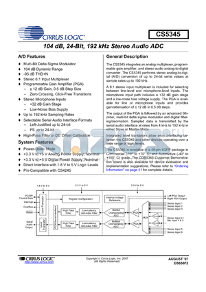 CS5345-CQZ datasheet - 104 dB, 24-Bit, 192 kHz Stereo Audio ADC