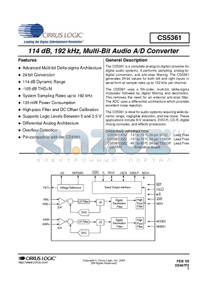 CS5361-KSZ datasheet - 114 dB, 192 kHz, Multi-Bit Audio A/D Converter