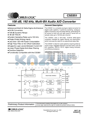 CS5351-KZ datasheet - 108 dB, 192 kHz, Multi-Bit Audio A/D Converter