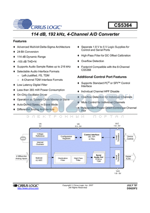 CS5364-CQZ datasheet - 114 dB, 192 kHz, 4-Channel A/D Converter