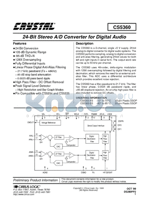 CS5360-KS datasheet - 24-Bit Stereo A/D Converter for Digital Audio