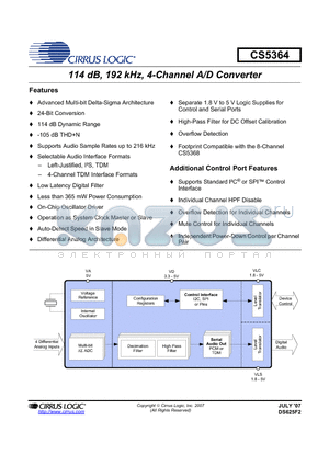 CS5364 datasheet - 114 dB, 192 kHz, 4-Channel A/D Converter