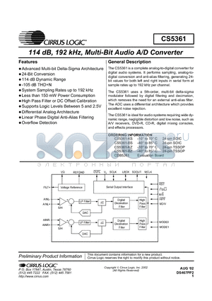 CS5361 datasheet - 111 dB, 192 kHz, Multi-Bit Audio A/D Converter
