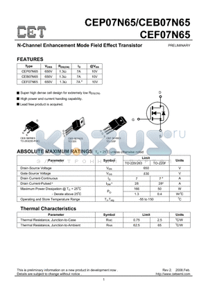 CEB07N65 datasheet - N-Channel Enhancement Mode Field Effect Transistor