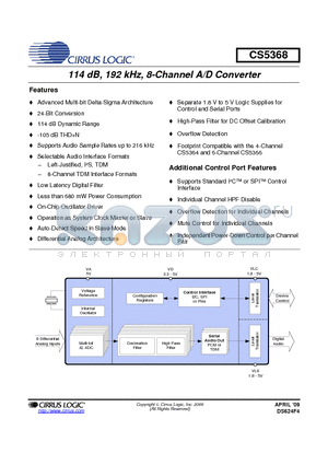 CS5368-CQZ datasheet - 114 dB, 192 kHz, 8-Channel A/D Converter