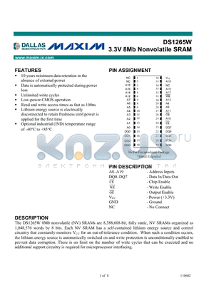 DS1265W-100-IND datasheet - 3.3V 8Mb Nonvolatile SRAM