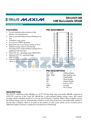 DS1270Y datasheet - 16M Nonvolatile SRAM