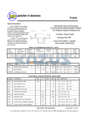 F1415 datasheet - PATENTED GOLD METALIZED SILICON GATE ENHANCEMENT MODE RF POWER VDMOS TRANSISTOR