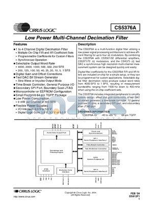 CS5376A datasheet - LOW POWER MULTI CHANNEL DECIMATION FILTER
