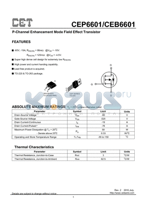 CEB6601 datasheet - P-Channel Enhancement Mode Field Effect Transistor