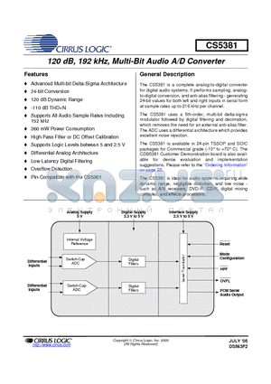 CS5381-KSZR datasheet - 120 dB, 192 kHz, Multi-Bit Audio A/D Converter
