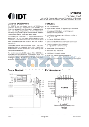 8752CYLFT datasheet - LOW SKEW, 1-TO-8 LVCMOS CLOCK MULTIPLIER/ZERO DELAY BUFFER