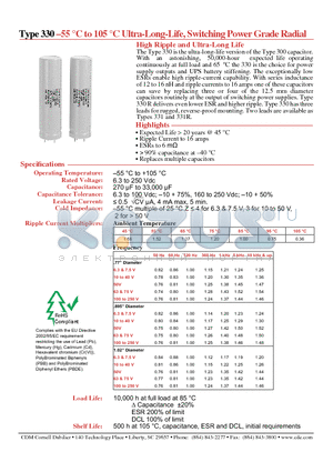 330822U025HS2 datasheet - -55 C to 105 C Ultra-Long-Life, Switching Power Grade Radial High Ripple and Ultra-Long Life