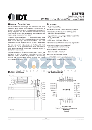 8752CYILFT datasheet - LOW SKEW, 1-TO-8 LVCMOS CLOCK MULTIPLIER/ZERO DELAY BUFFER