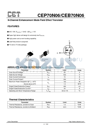 CEB70N06 datasheet - N-Channel Enhancement Mode Field Effect Transistor