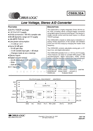 CS53L32A datasheet - Low Voltage, Stereo A/D Converter