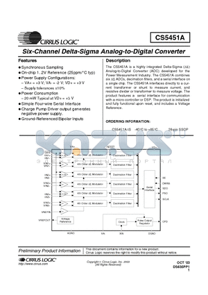 CS5451A datasheet - SIX CHANNEL DELTA SIGMA ANALOG TO DIGITAL CONVERTER