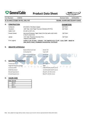 E2033S datasheet - 3C 18 AWG (7/26)BC SR-PVC, OAS, PVC SOUND, ALARM AND SECURITY CABLE