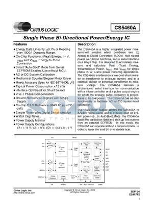CS5460A datasheet - Single Phase Bi-Directional Power/Energy IC