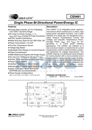 CS5461 datasheet - Single Phase Bi-Directional Power/Energy IC