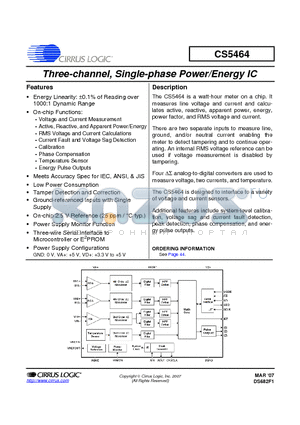 CS5464 datasheet - Three-channel, Single-phase Power/Energy IC