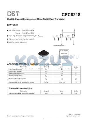 CEC8218 datasheet - Dual N-Channel Enhancement Mode Field Effect Transistor