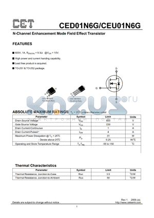 CED01N6G datasheet - N-Channel Enhancement Mode Field Effect Transistor