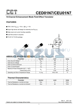 CED01N7 datasheet - N-Channel Enhancement Mode Field Effect Transistor