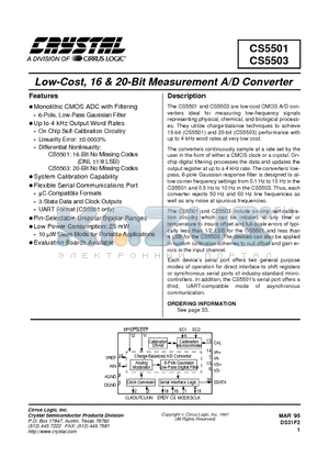 CS5501 datasheet - Low-Cost, 16 & 20-Bit Measurement A/D Converter