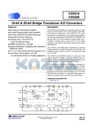 CS5516 datasheet - 16BIT/20-BIT BRIDGE TRANSDUCER A/D CONVERTER